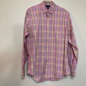 Lands End Men's Tailored Fit No Iron Plaid Long Sleeve Button Down Shirt L Pink